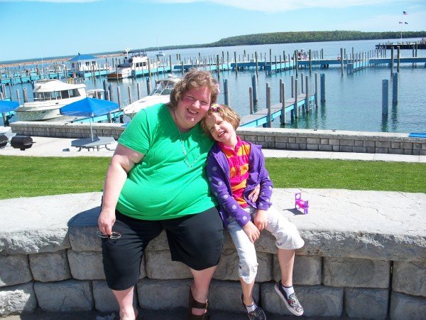 Karen Fritzemeier and her daughter Greta, age 6, at the Mackinac Island marina in Michigan on a recent family vacation.
