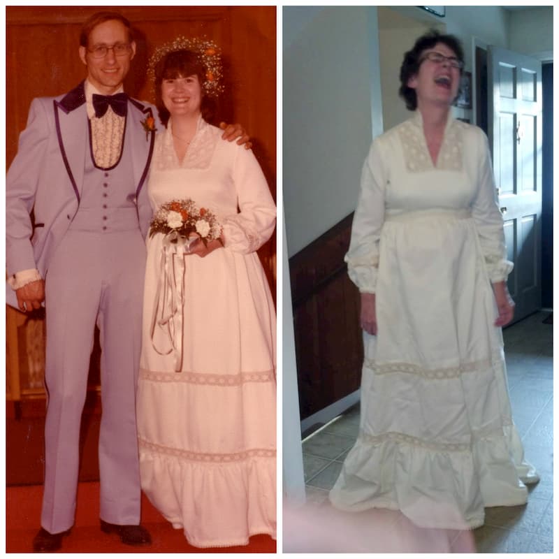 wedding pic from 1977 and picture of fitting back in wedding dress in 2013 joy on face